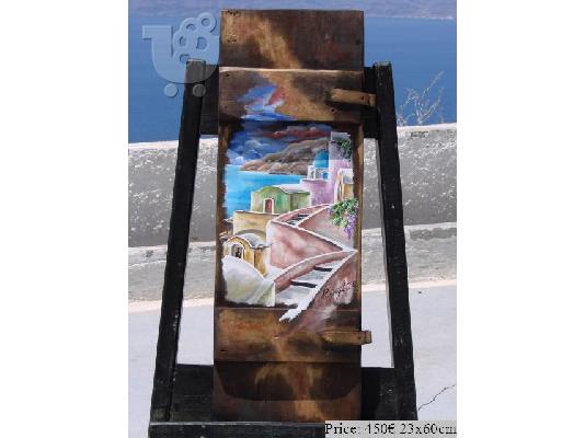 Painting in old wood by Aris Kizir Santorini Greece
